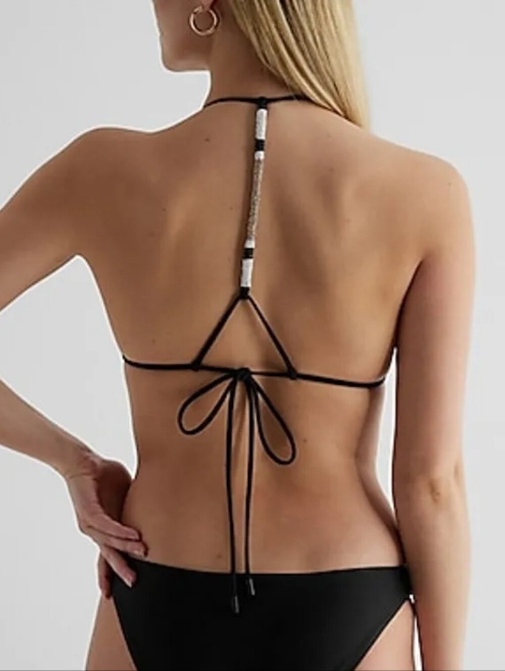 Express Black Triangle Bikini Top with Beaded Neck Detail Sz M NWT